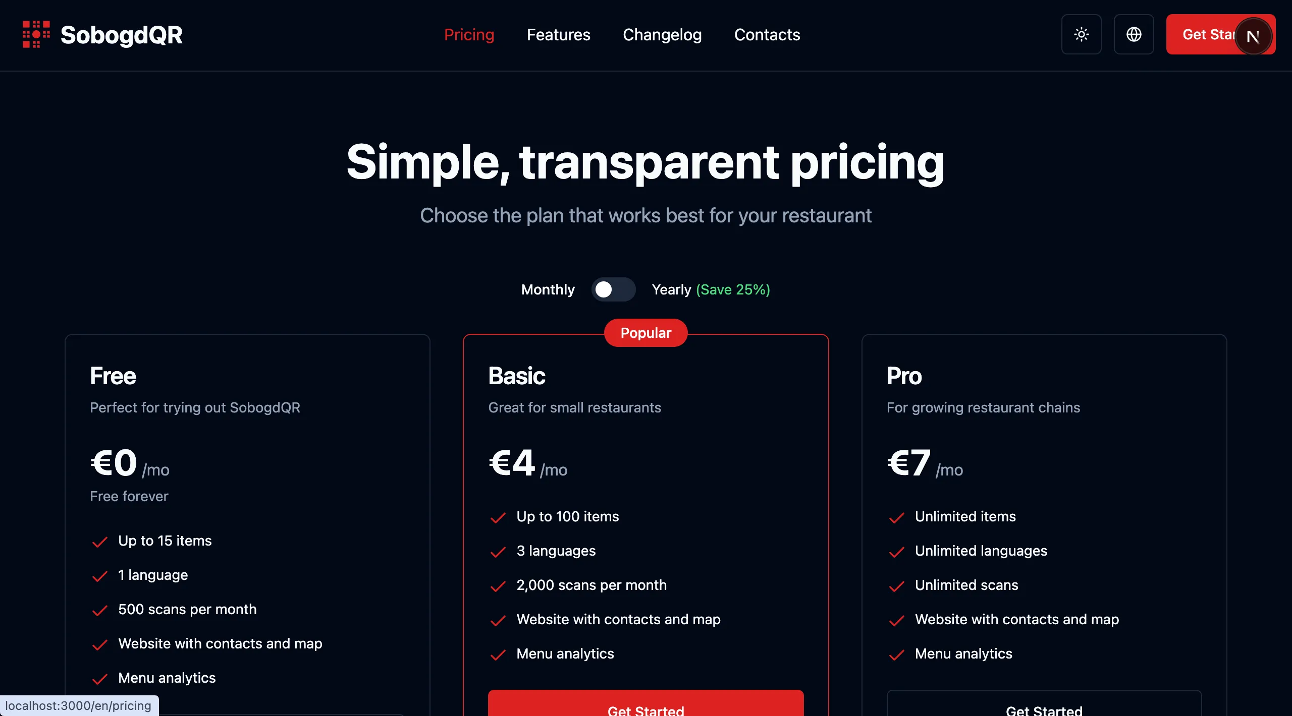 Subscription plans for QR menu and restaurant website creation