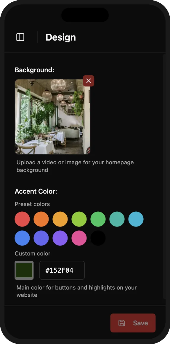 Mobile menu design settings